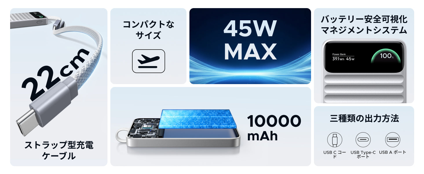 ・大容量10000mAh<br> ・45W急速充電<br> ・3台同時充電可能<br> ・かしこく充電<br> ・ストラップになるUSB-Cケーブル内蔵<br> ・耐久性抜群
